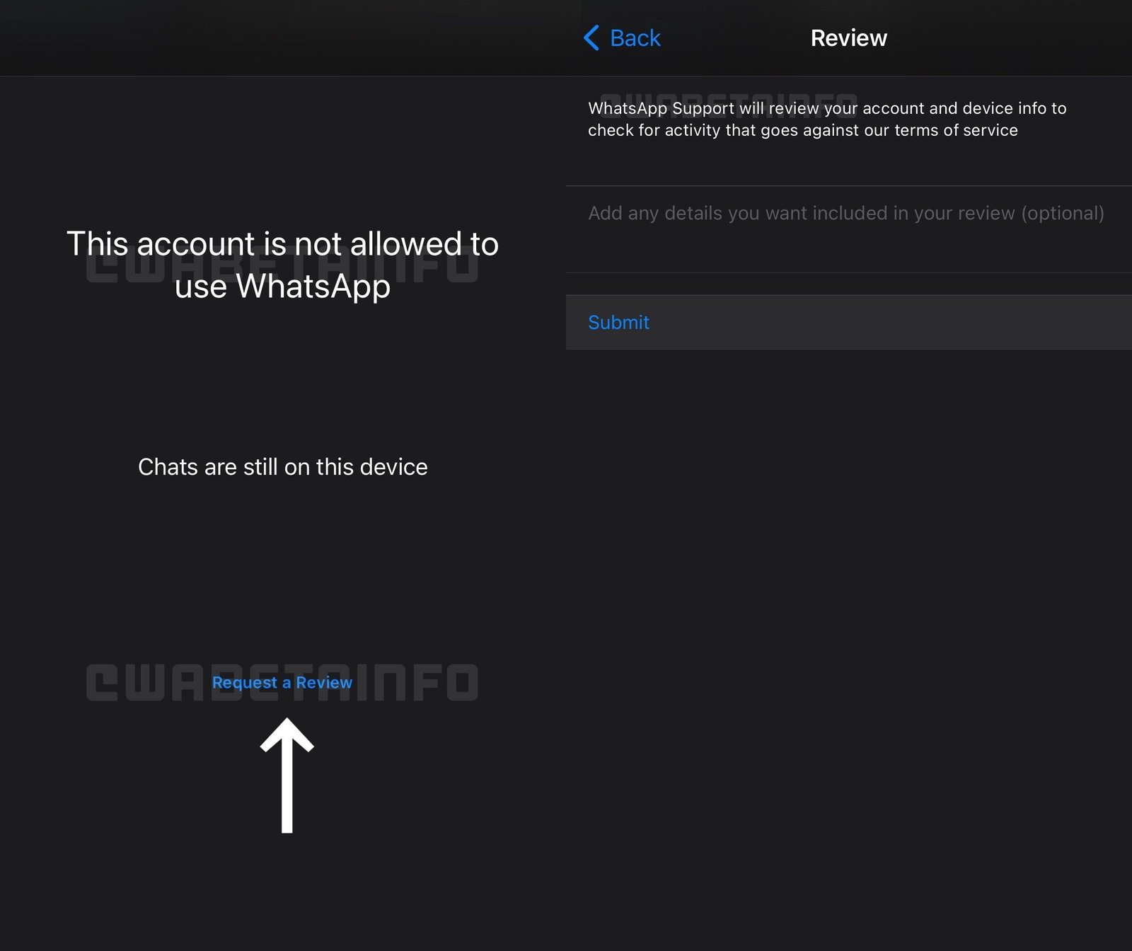 Así se ve el botón para apelar una suspensión de cuenta en WhatsApp (Imagen de Wabetainfo)