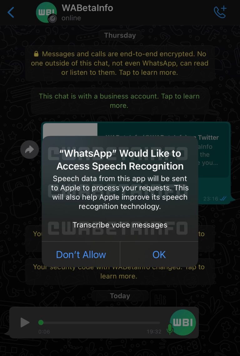 La app solicita permiso para acceder al reconocimiento de voz. Imagen de Wabetainfo.